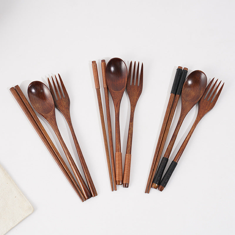 Wooden Dinnerware Set 3PCS Fork Chopsticks Spoon Portable Tableware