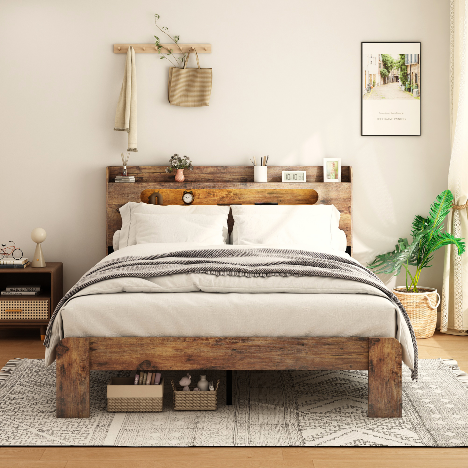 King Platform Bed Frame with LED Headboard, USB Ports, Dark Brown