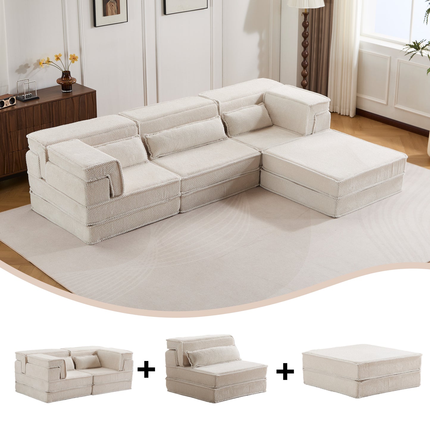 Oversized Modular Sectional Sofa Bed - White Fabric, 4 Seater