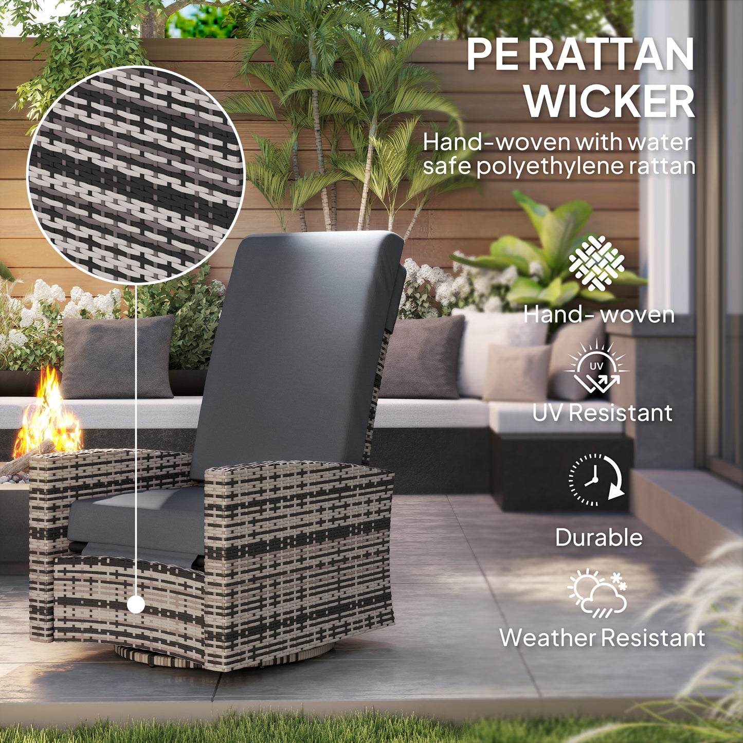 Outdoor Wicker Swivel Recliner Chair with Lifting Footrest - Gray