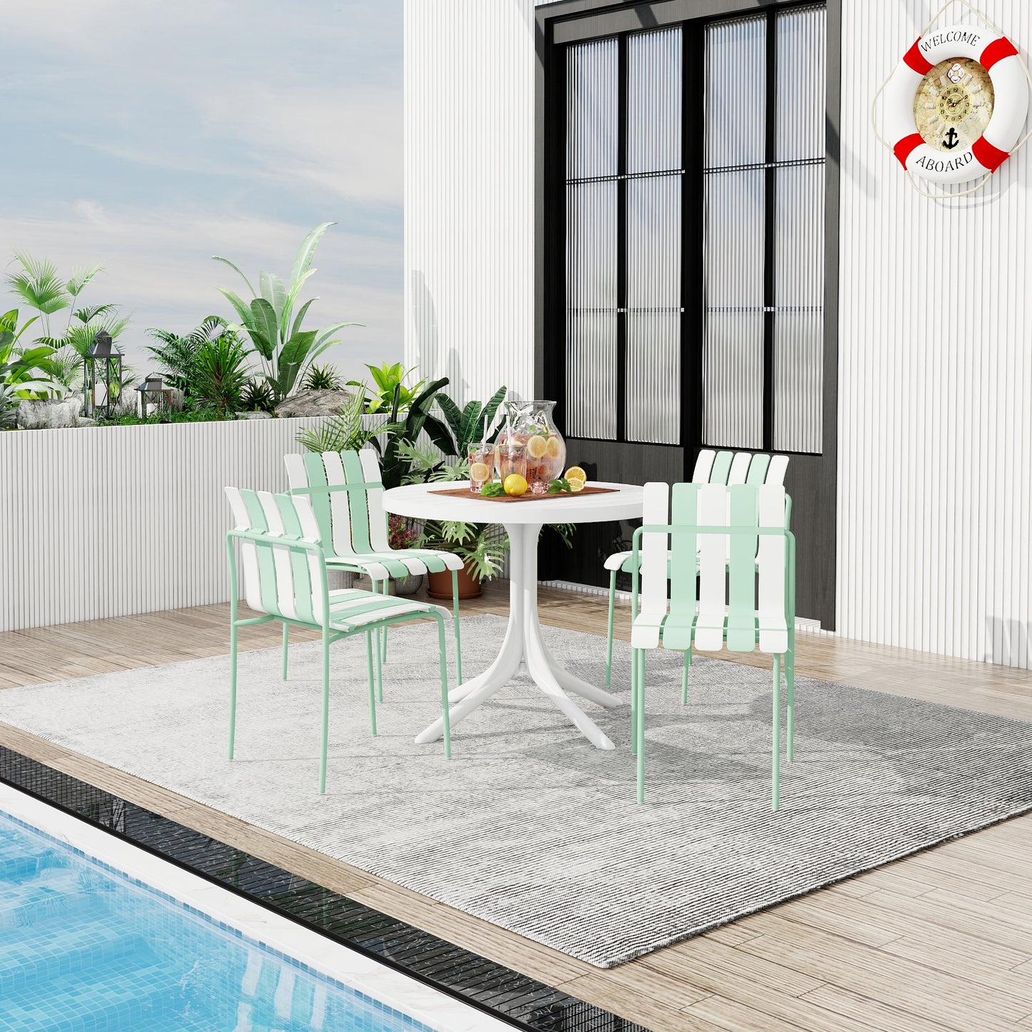 Modern Striped Color Block Chairs 4-Pack with Round Table - Waterproof