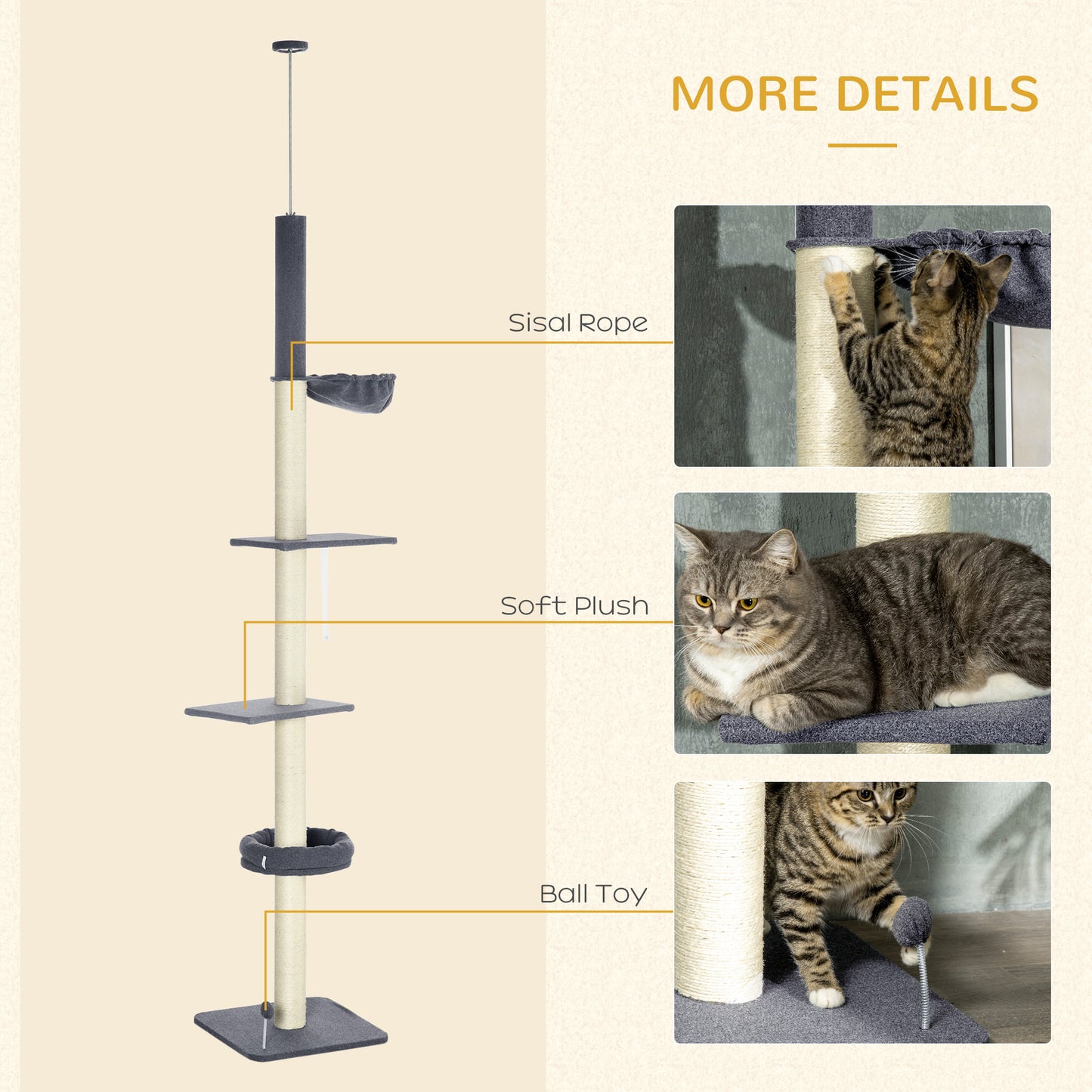 Adjustable 5-Tier Cat Tree with Cozy Bed, Hammock & Scratching Posts - Dark Gray & Cream