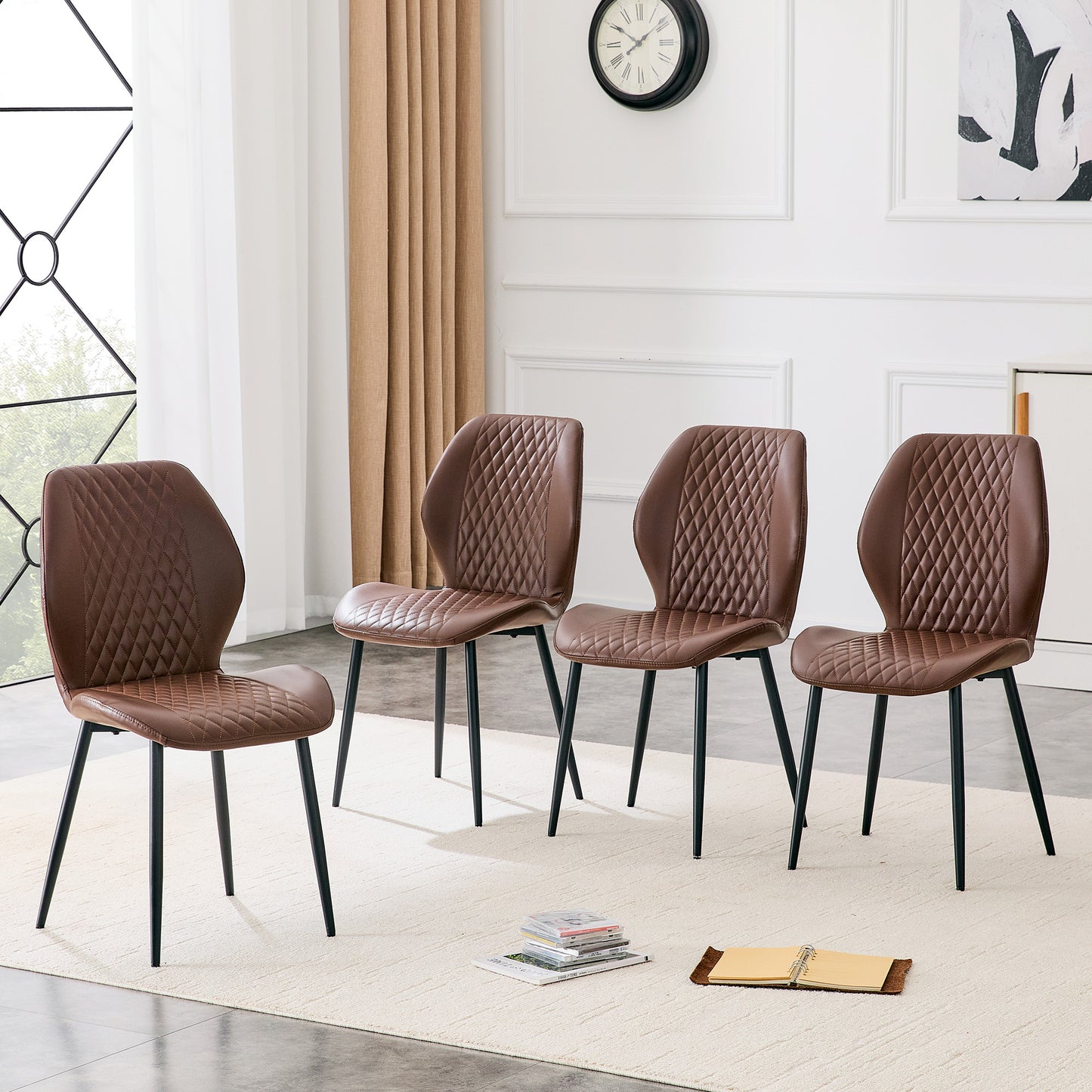 Set Of 4 Modern Light Luxury Brown Diamond-quilted PU Chairs With