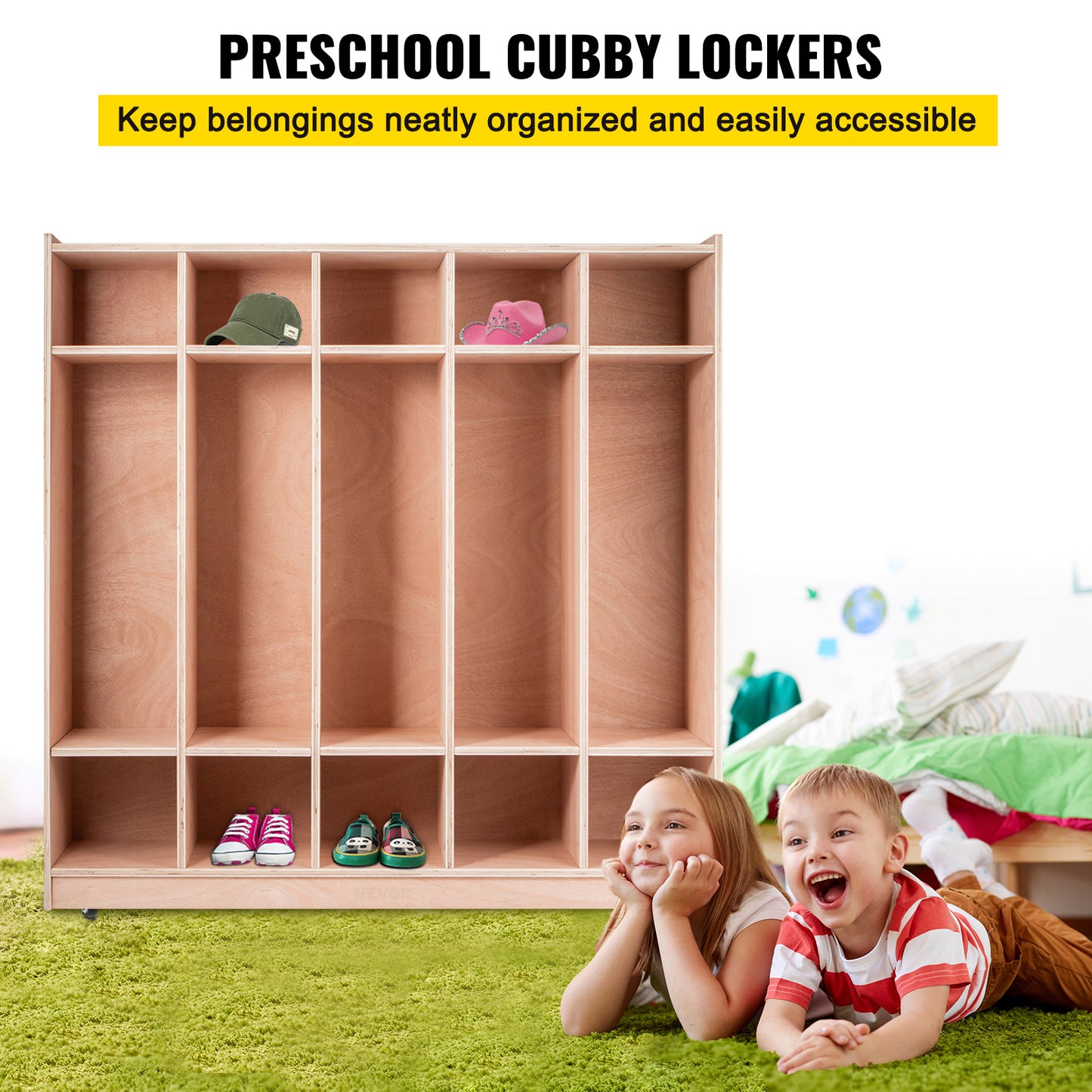 Coat Locker with 5 Hooks and Storage Boxes - 48x12x48 Inch Classroom Cubby for Kindergarten & School