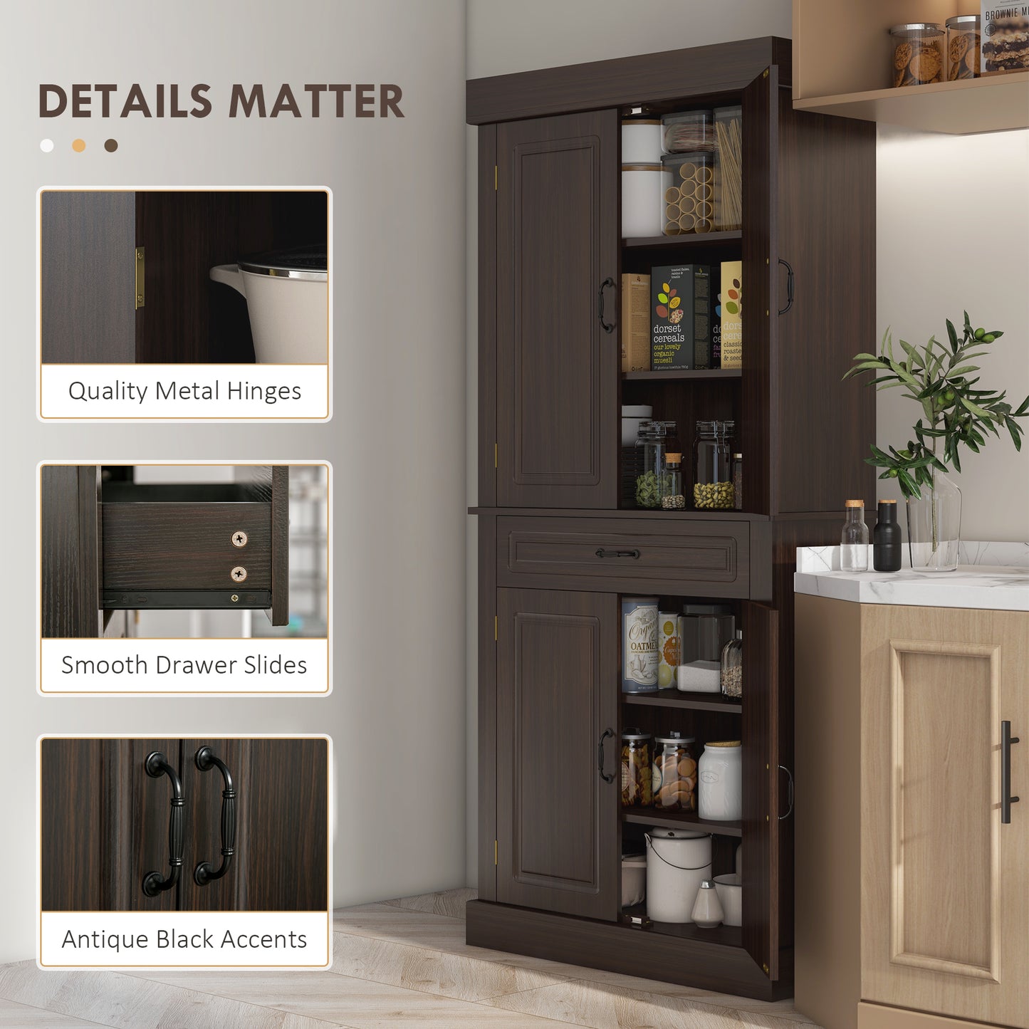 71" Freestanding Kitchen Pantry Cabinet with Drawer - Coffee