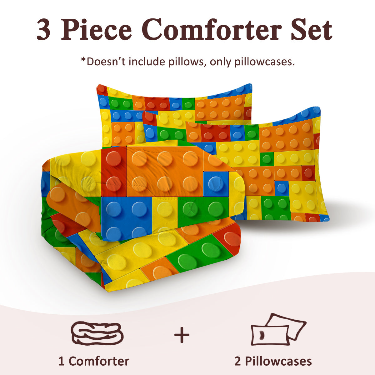 Colorful Building Blocks Comforter Set - 3 Piece Bedding Set