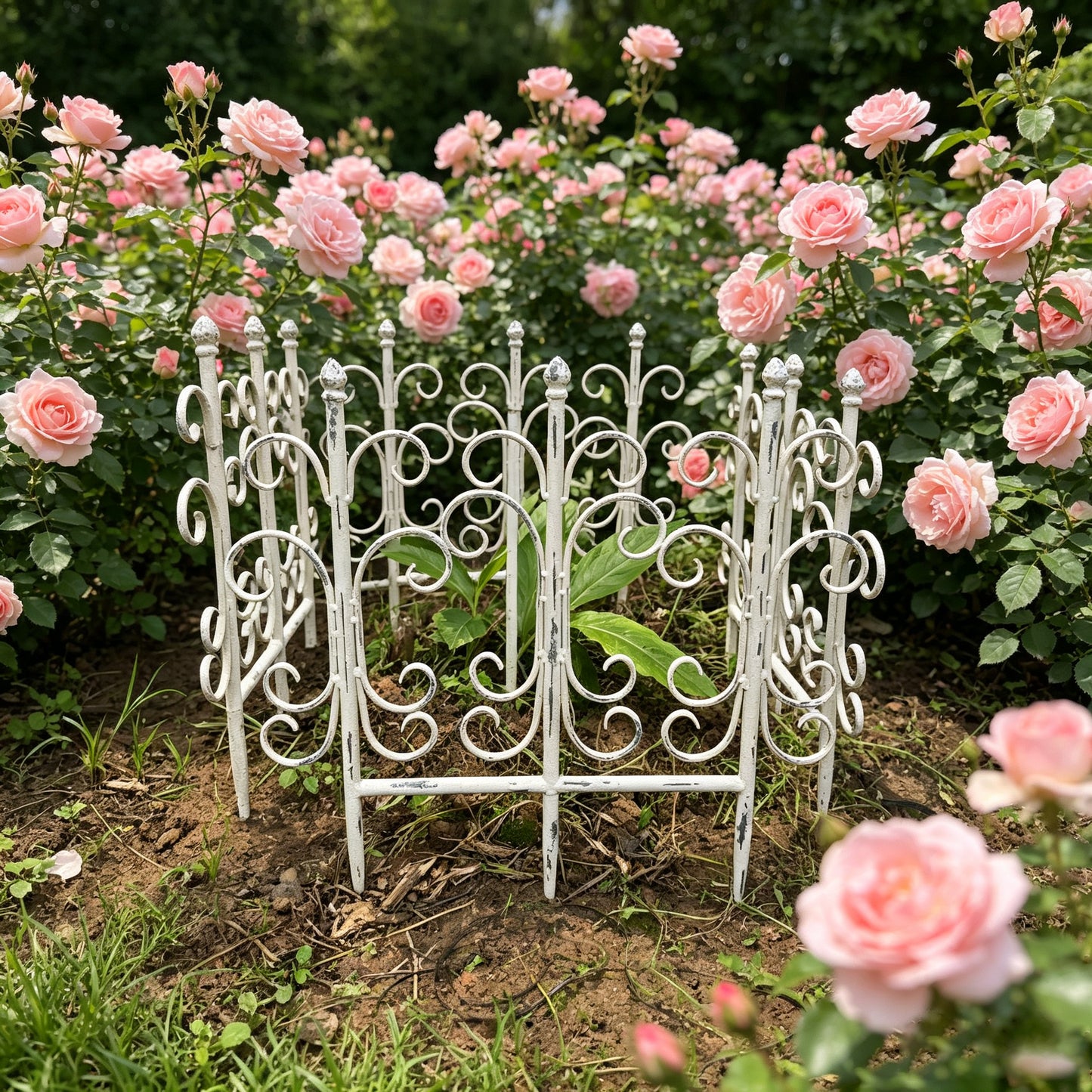 Antique White Iron Garden Fence Panels - Decorative Trellis Set