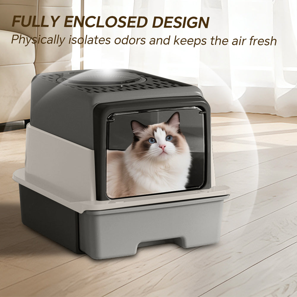 Cat Toilet with Front Flip Door Dual Opening Anti-Splash & Odor Lock - White