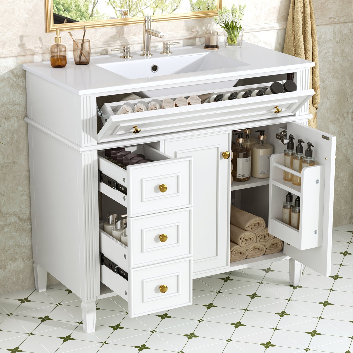 36 Inch Bathroom Vanity with Sink - White Solid Wood Cabinet