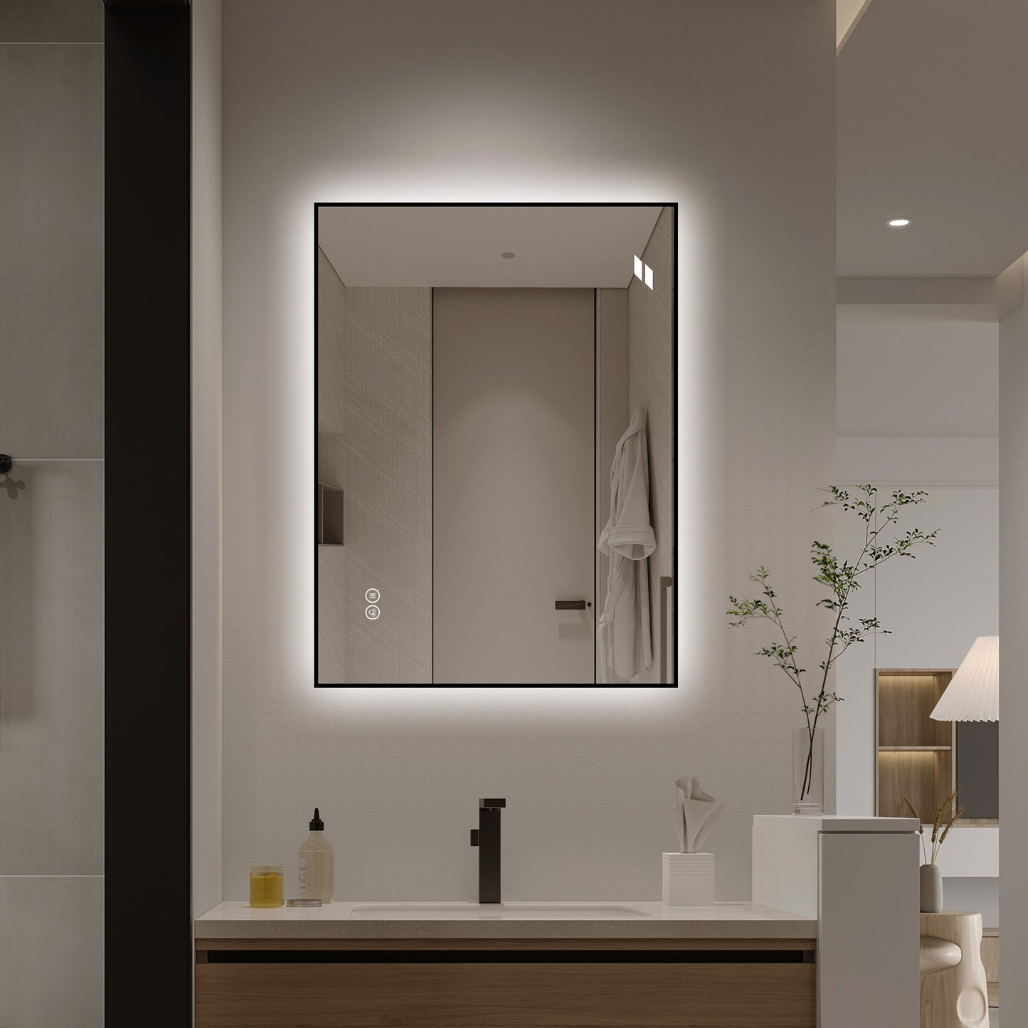 24" x 32" LED Bathroom Mirror - Backlit, Anti-Fog, Dimmable, Black Frame