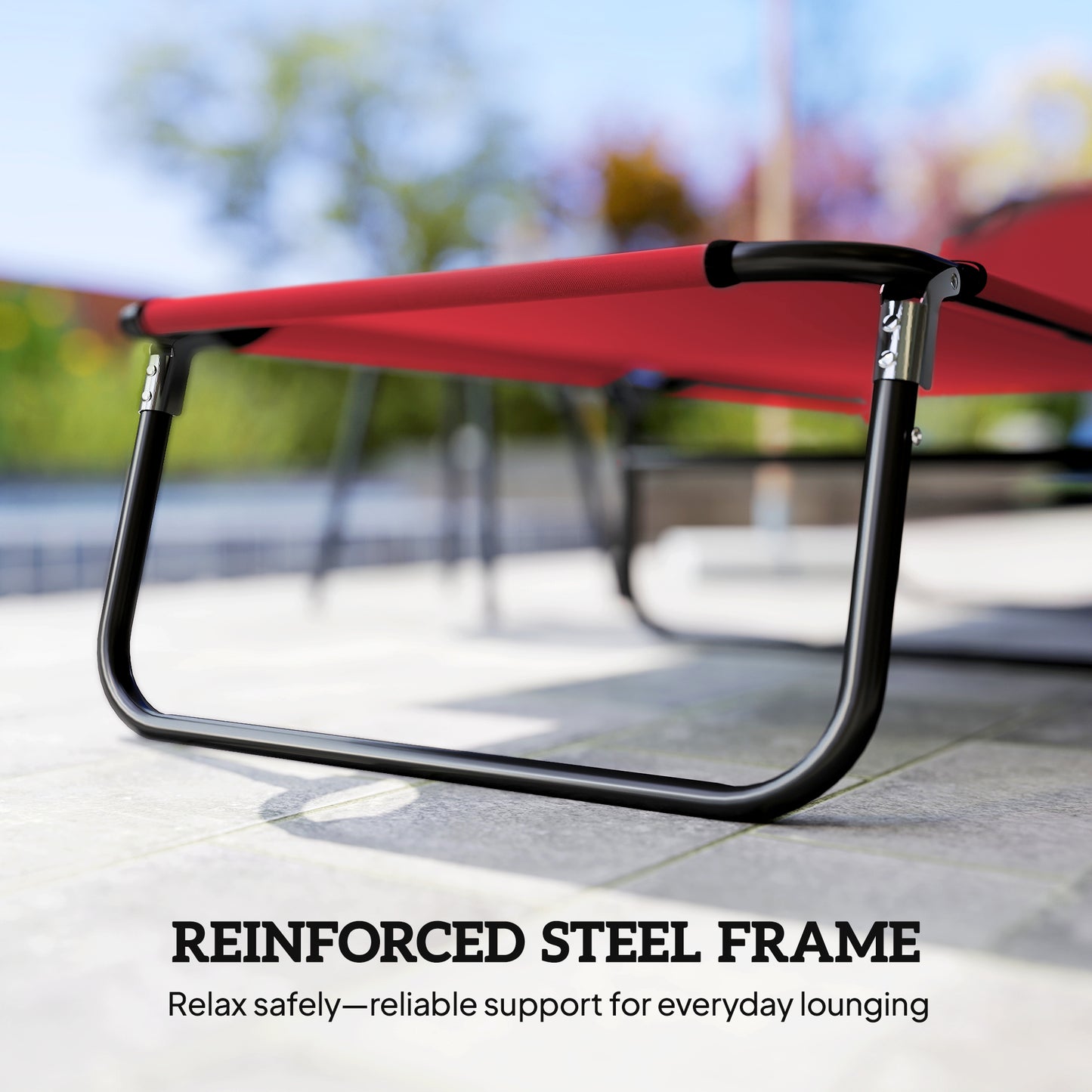 Folding Chaise Lounge Chair - 5-Level Recline, Steel Frame, Red