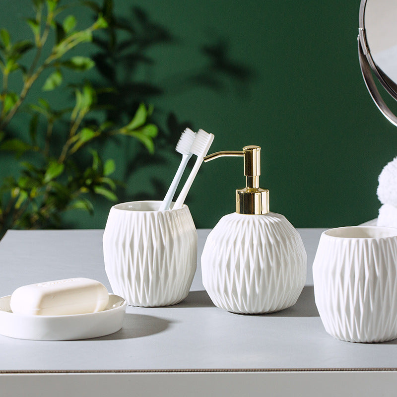 Ceramic Bathroom Mouthwash Cup Set with Embossed Hotel Style - Multiple Colors