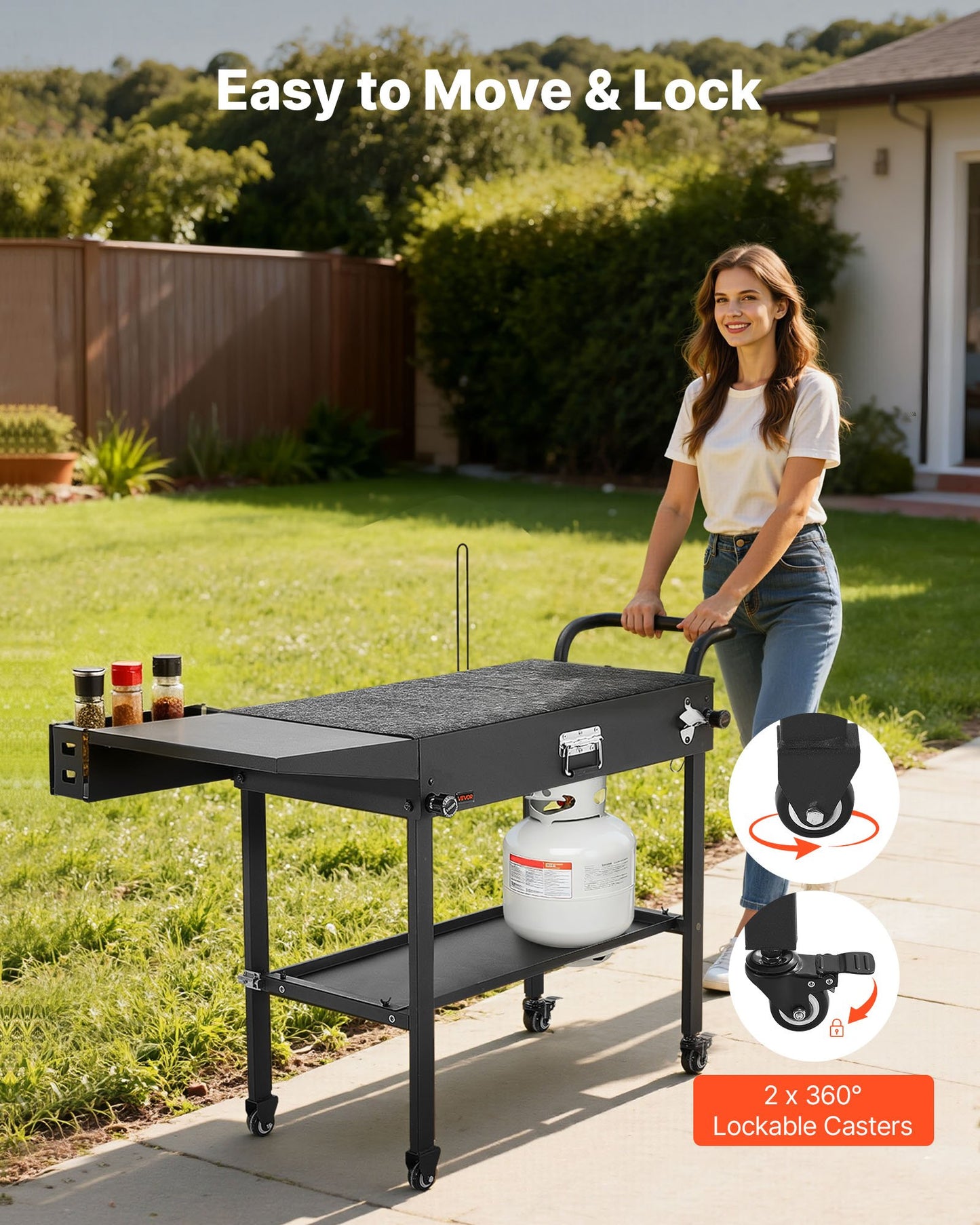 Foldable Outdoor Grill Cart with Side Table and Hooks - 31x17 Inch BBQ Prep Table