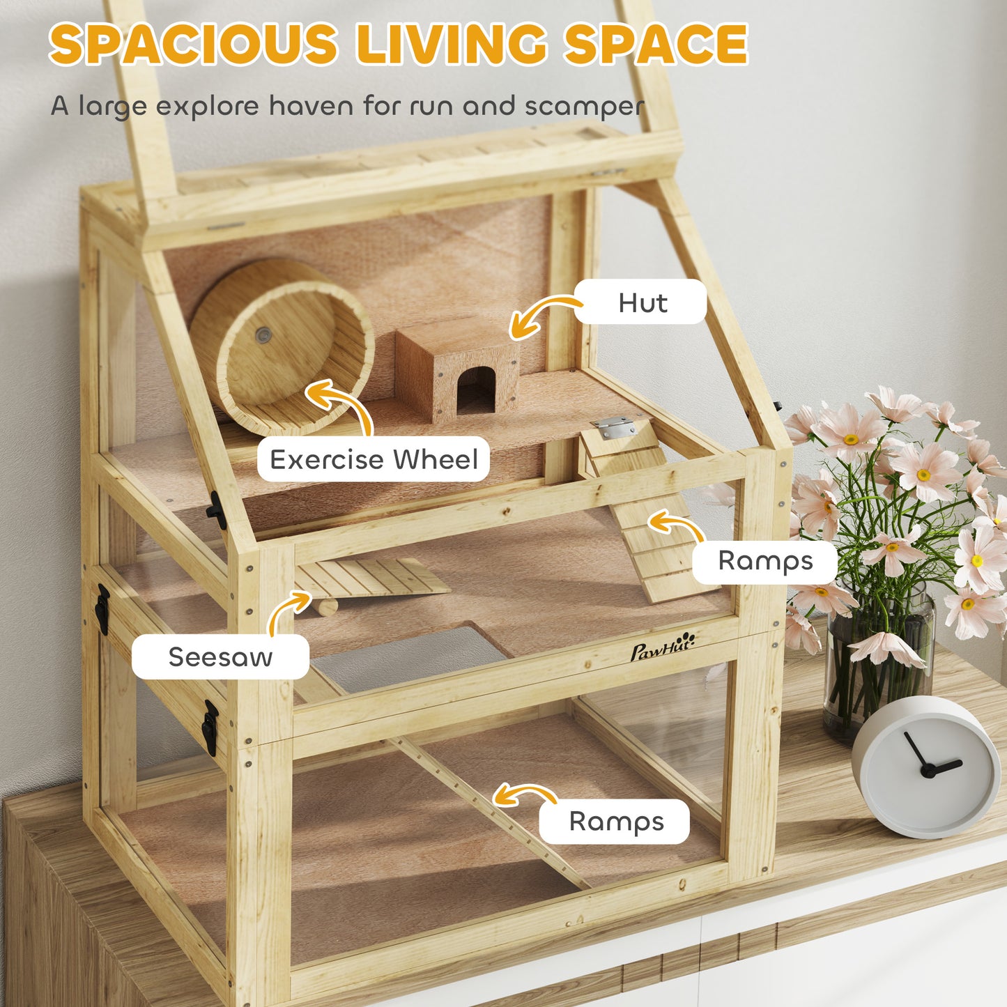 Wooden Hamster Cage with Detachable Bottom, Ramps & Accessories - 24 x 16 x 29.5 Inches