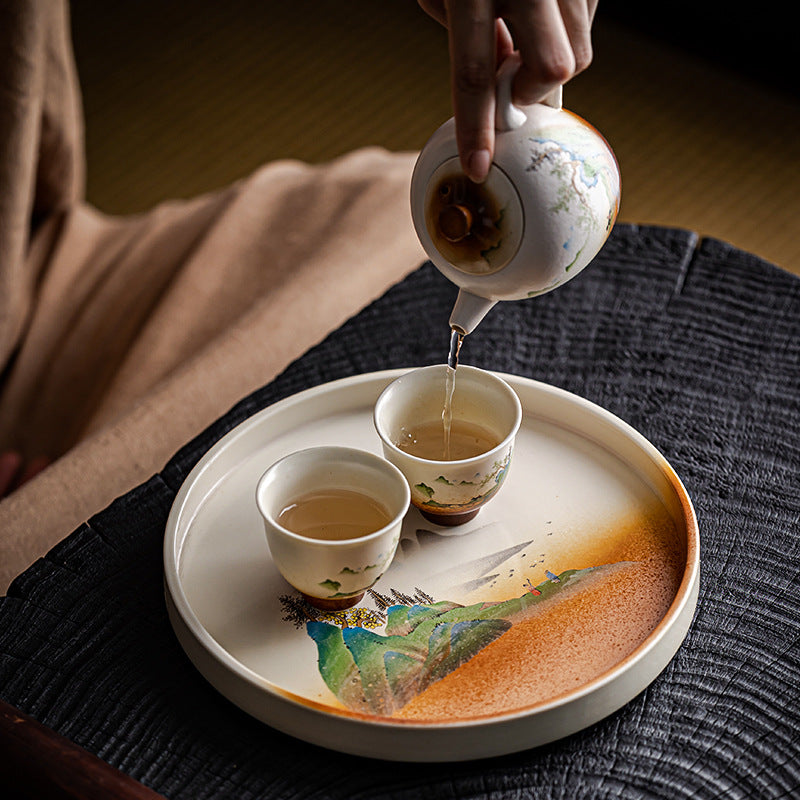 Japanese Style Ceramic Tea Saucer with Bamboo Tray - Round Household Tea Holder