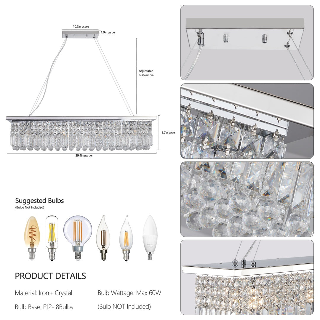 Modern Raindrop Crystal Chandelier - 8-Light Rectangle Pendant