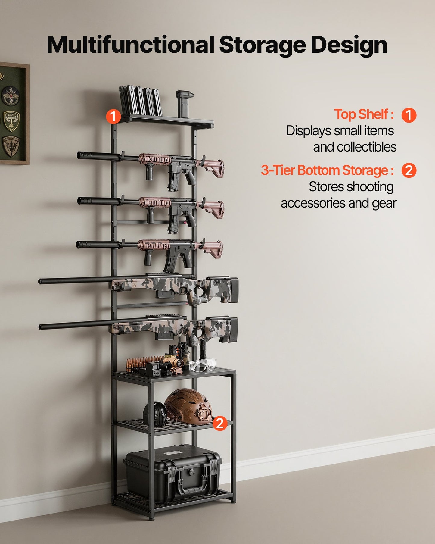 Floor Standing Gun Rack with Storage Shelf - Holds 5 Rifles, Heavy Duty Steel, Indoor Indoor Gun Storage Stand Black