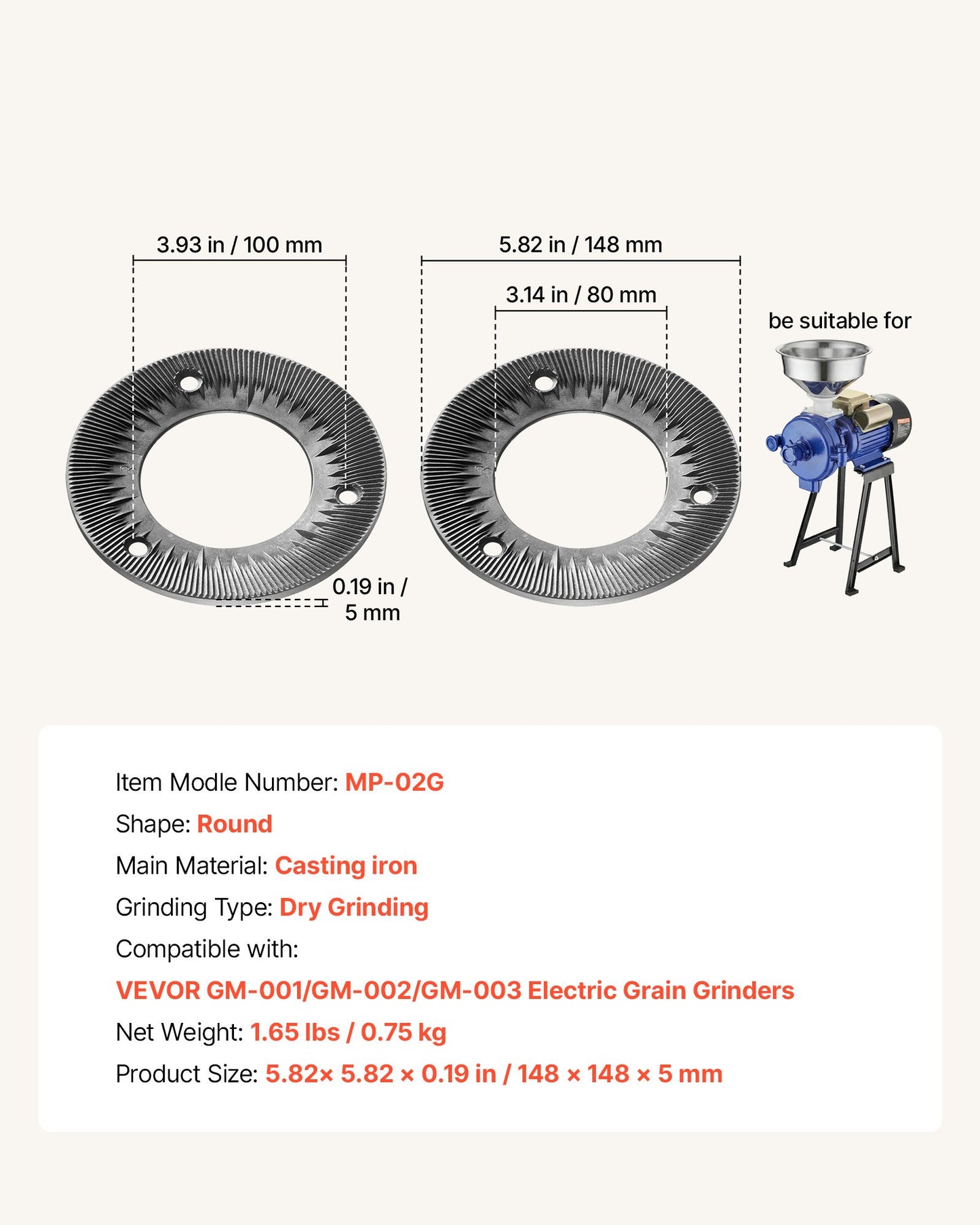 2PCS Cast Iron Grinding Sheets for Electric Grain Mill Dry Grinding Plates - Compatible with GM-001/002/003