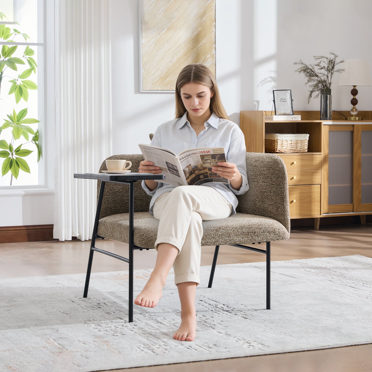 Modern Khaki Lounge Chair with Side Table & Back Pillow
