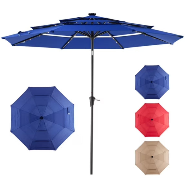 10 FT 3-Layer Solar Patio Umbrella with LED Lights & Adjustable Tilt Navy Blue