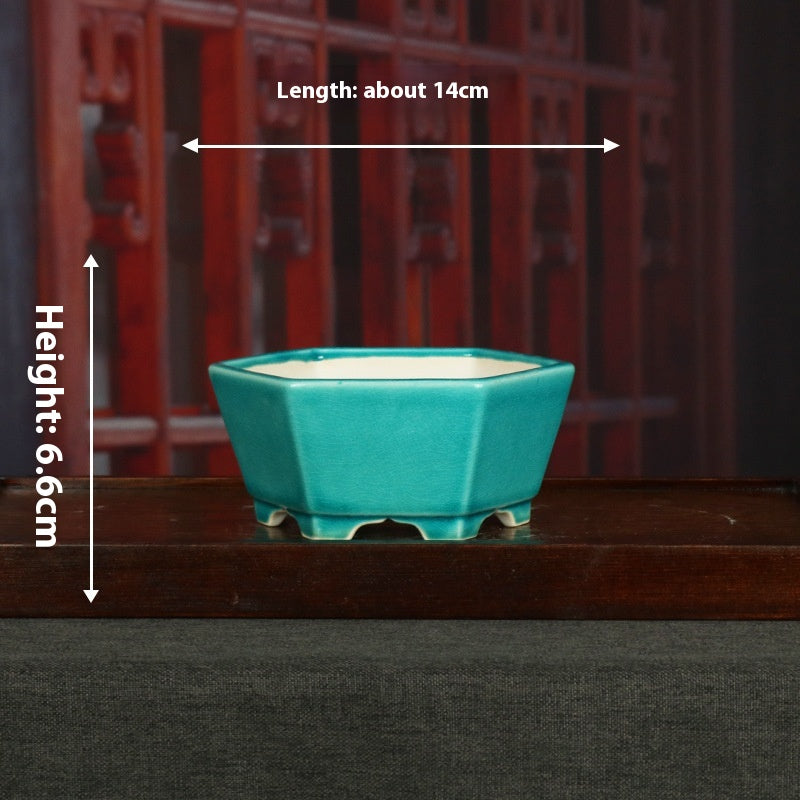 Ceramic Bonsai Basin Hexagonal Flowerpot with Glazed Finish - Indoor & Outdoor Decor