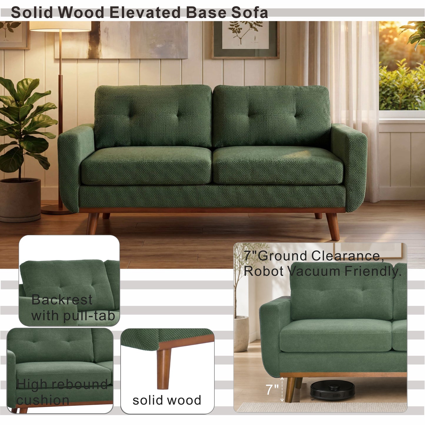 65-Inch Modern Minimalist Two-Seater Sofa - Dark Green
