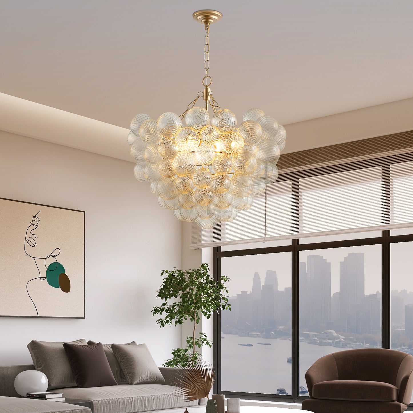 Gold Pendant Light Fixture with Clear Glass Globe - Adjustable Height, Modern Ceiling Lighting for Living & Dining Rooms