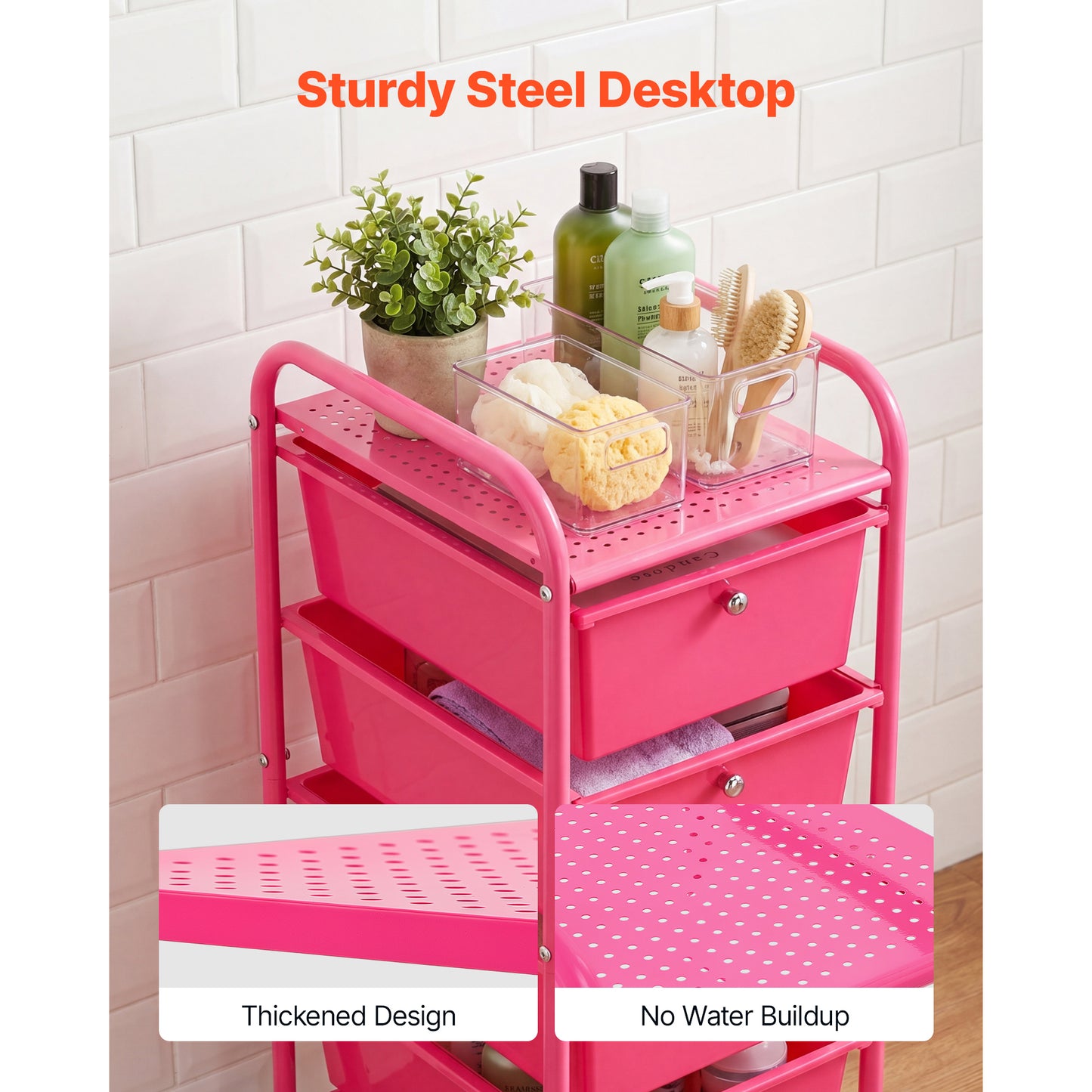 Rolling Cart with Drawers - 4 Drawer Storage Organizer on Steel Frame, Mobile Utility Cart with Casters and Brakes, for Office, Classroom, Garage, Rose Red