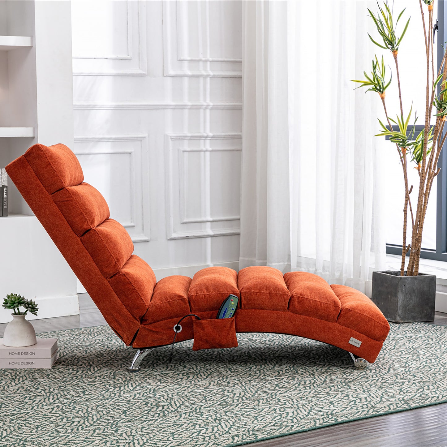 Luxury Upholstered Chaise Lounge Chair with Vibration - Orange