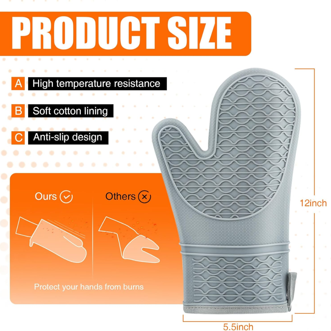Heat Resistant Silicone Oven Mitts - 2-Pack with Cotton Lining, Non-Slip Grip, 12.5 Inch - Grey