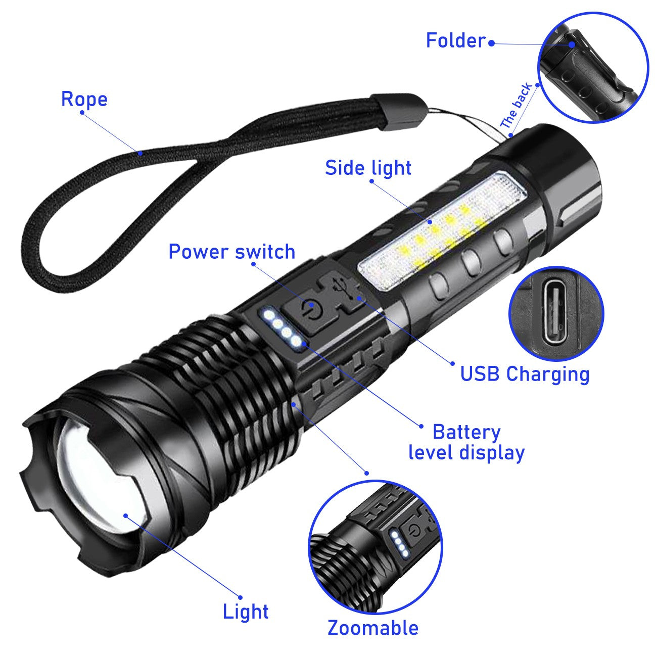 Rechargeable LED Flashlight with Zoom, Multiple Modes, USB Charging - 2 Pack