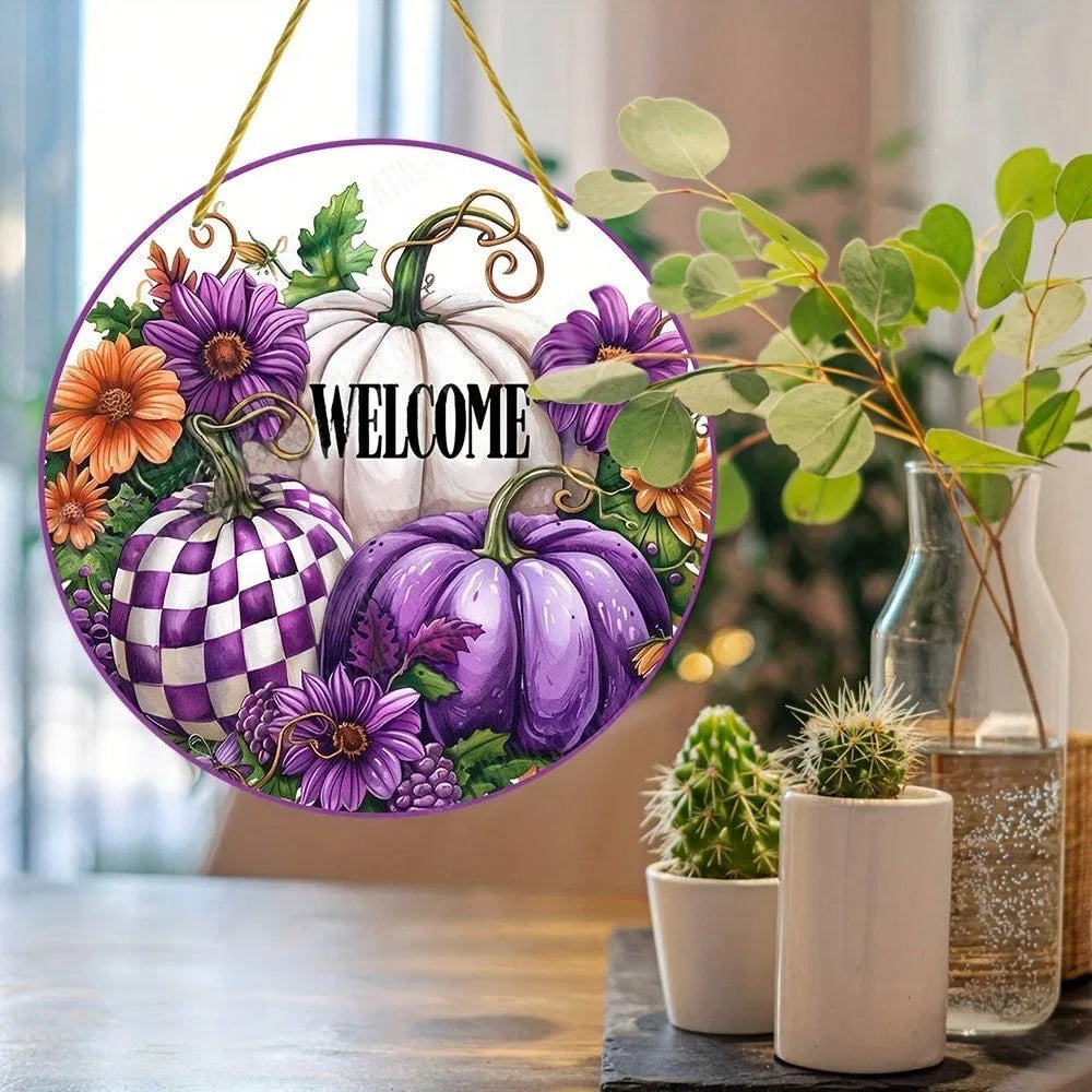 Handmade 2D Flat Round Acrylic Wreath - Purple Pumpkin Decor
