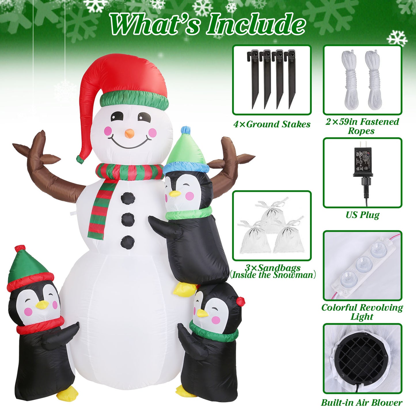 5.9FT Inflatable Christmas Snowman & Penguin Yard Decoration with LED Lights