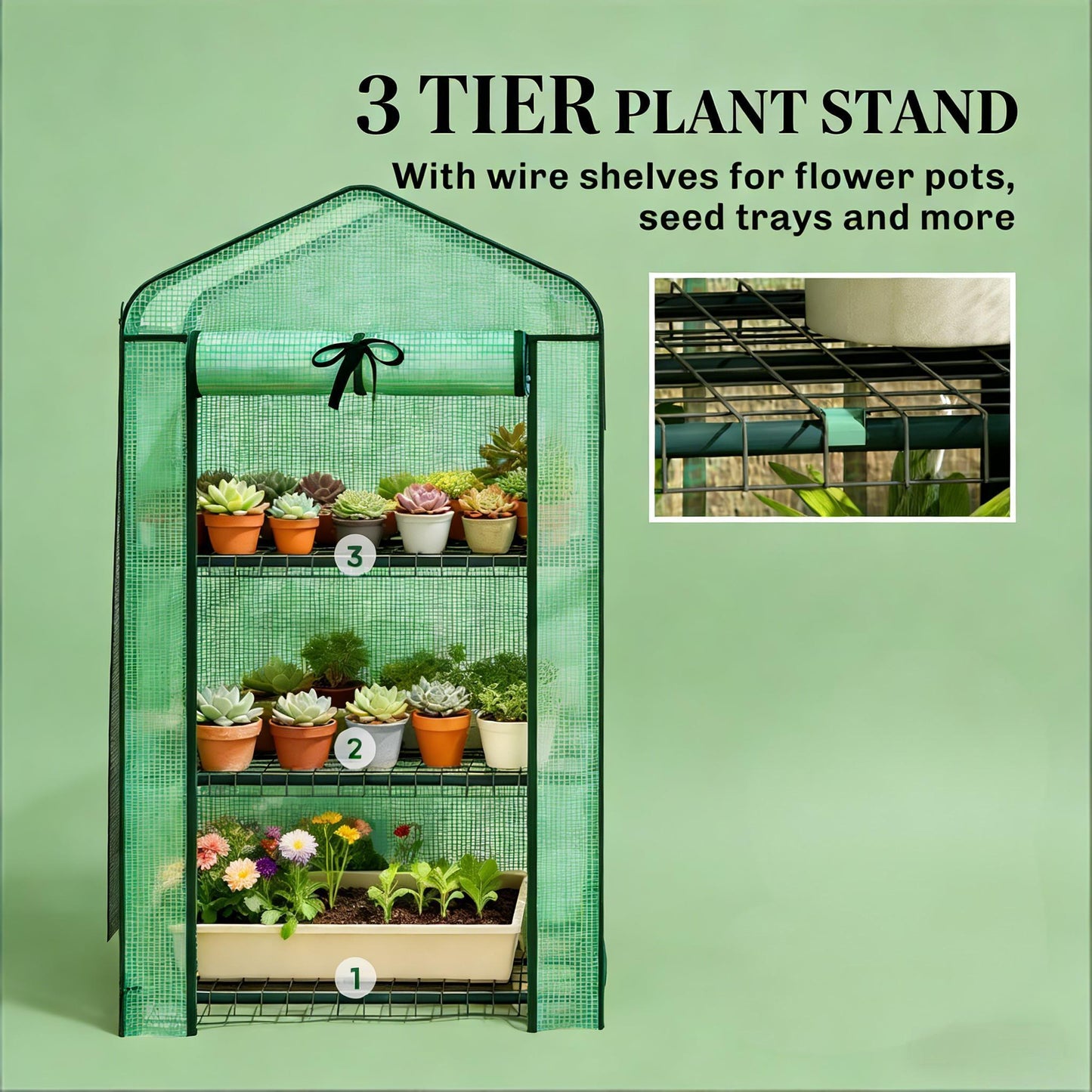Mini Greenhouse - 3-Tier Plant Shelf with Double-Layer Roof