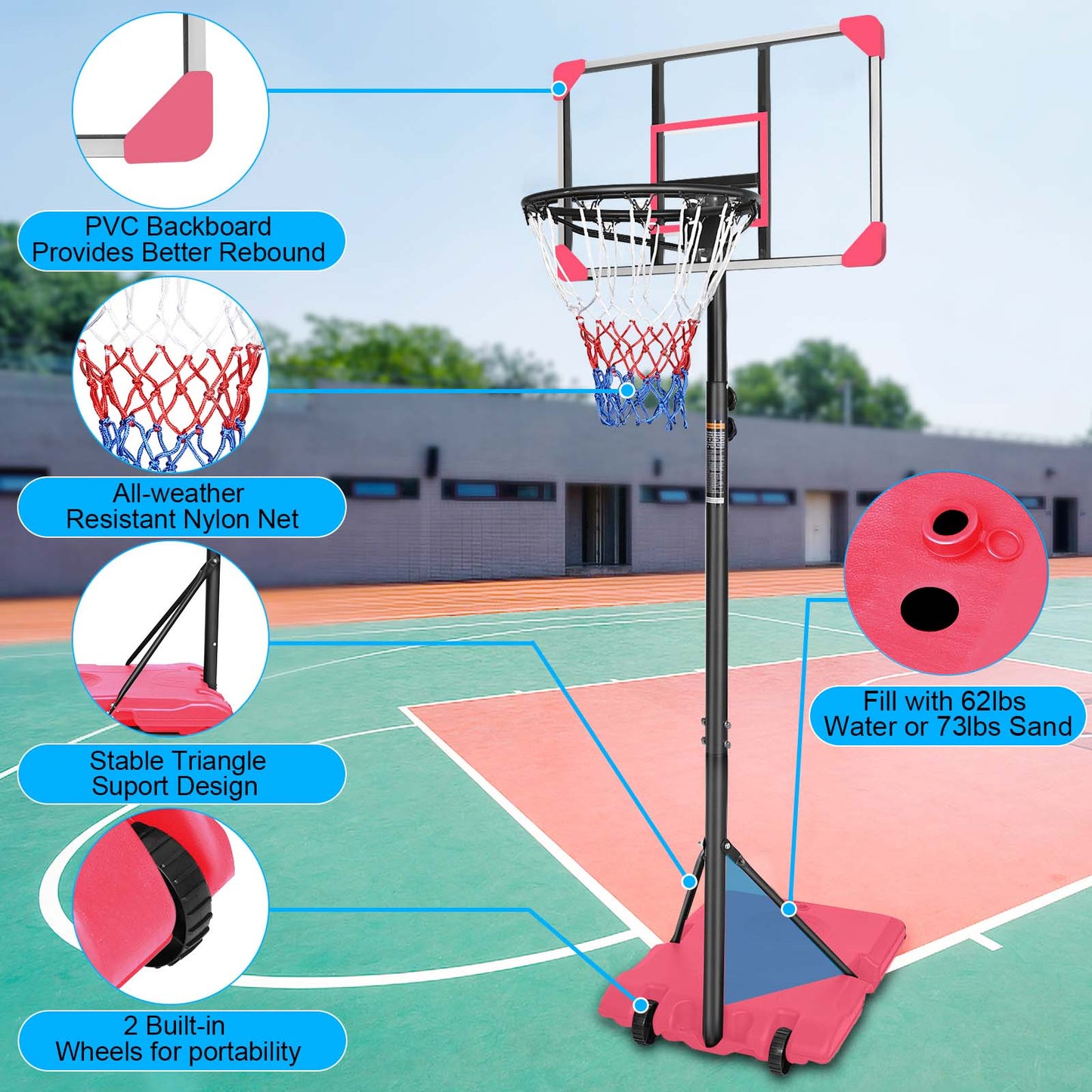 Height Adjustable Portable Basketball Hoop - Pink, 5.6-7ft