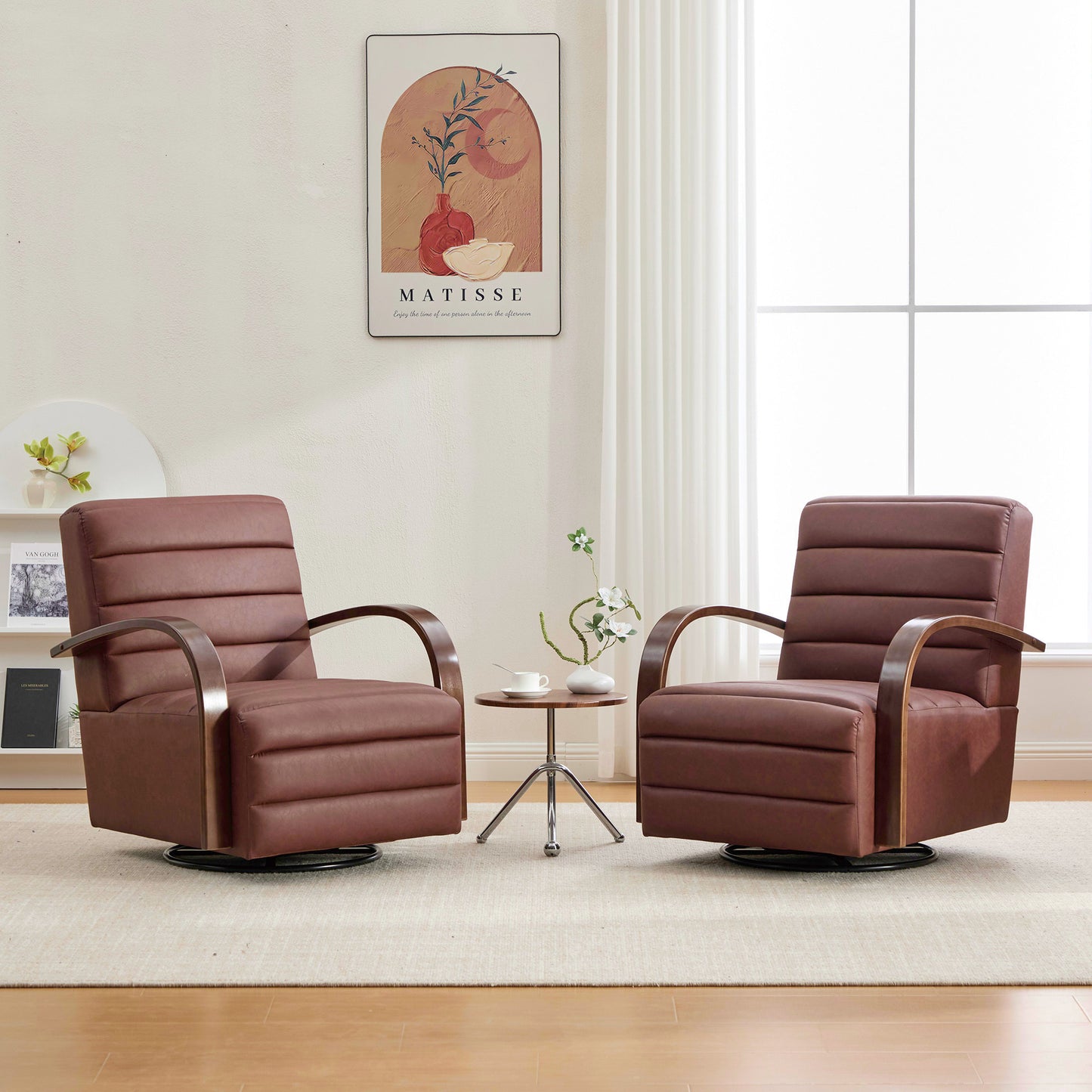 Modern 360° Swivel Accent Chair with Solid Wood Armrests - Brown