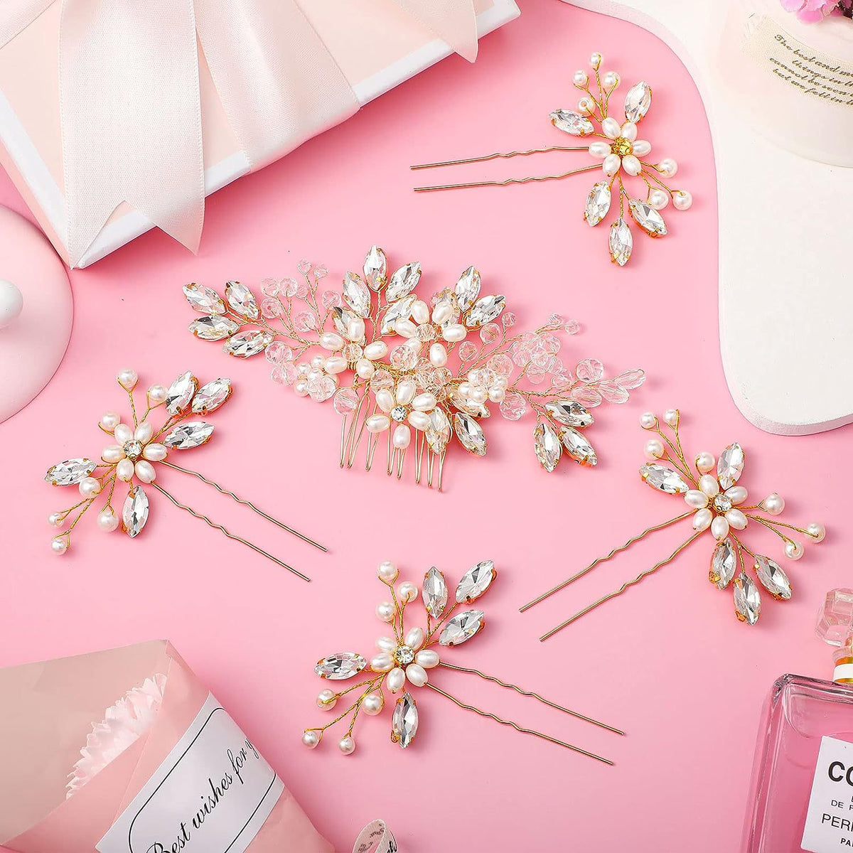 Bridal Pearl Crystal Hair Comb Set - 5pc