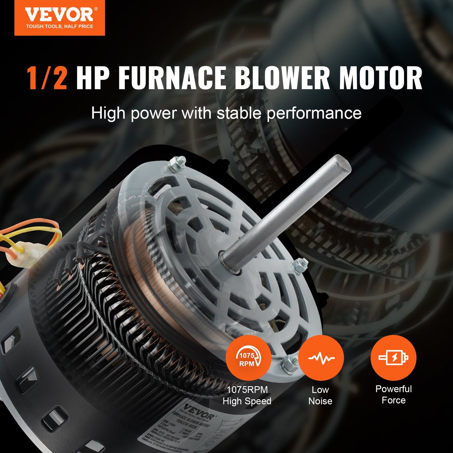 1/2HP Furnace Blower Motor - 208/230V, 5-Speed, CW/CCW Rotation, Black