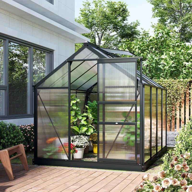 Heavy Duty Polycarbonate Greenhouse with Aluminum Frame, Walk-In Design, Vent Door, 6.2x8.3 ft Grey