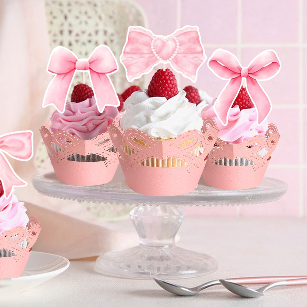 48-Piece Pink Bow Cupcake Toppers Kit - Party Supplies