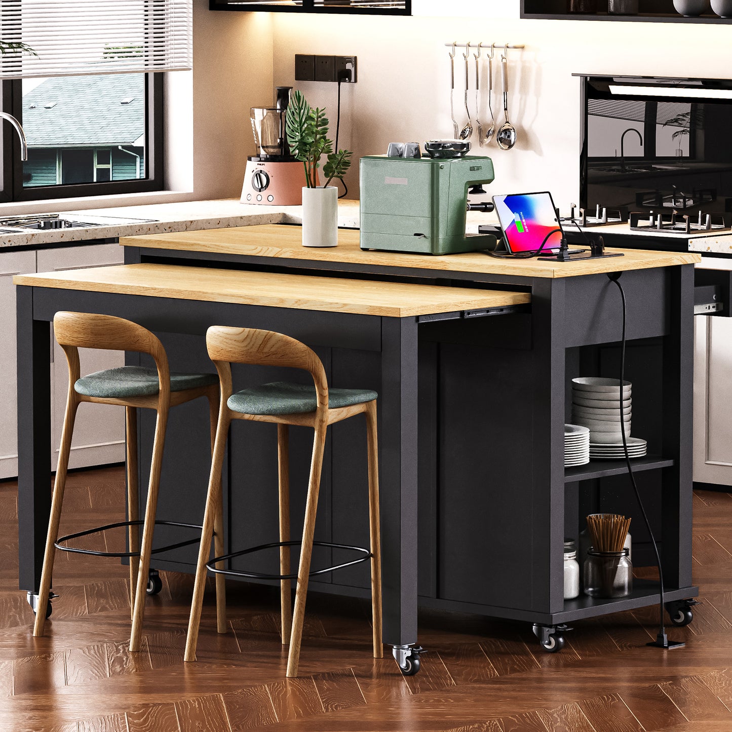 K&K 47 Inch Kitchen Island With Extendable Dining Table, Rubber Wood