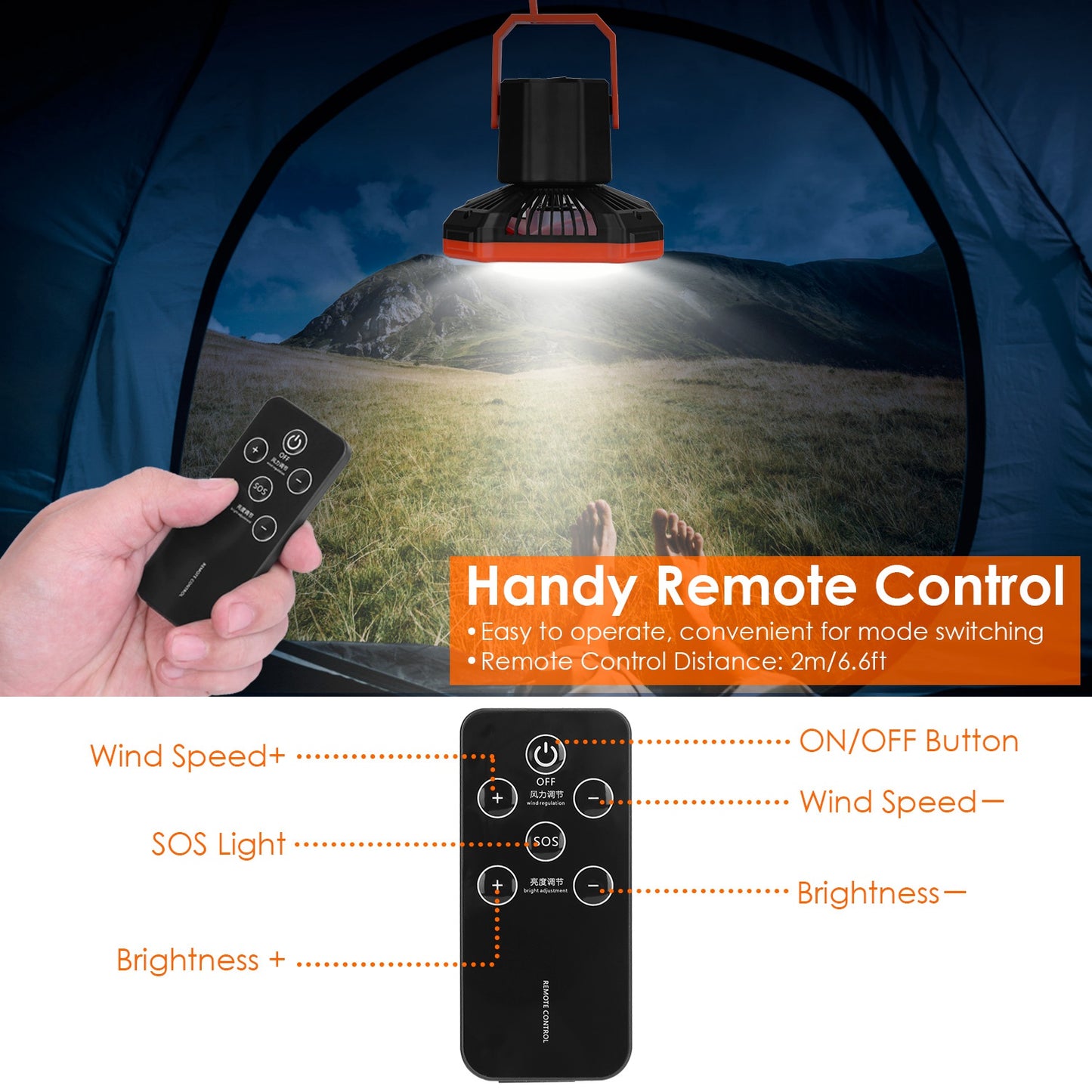 Portable Camping Lantern Fan - USB Rechargeable, 3 Wind & 4 Light Modes, Emergency Power Bank, Orange