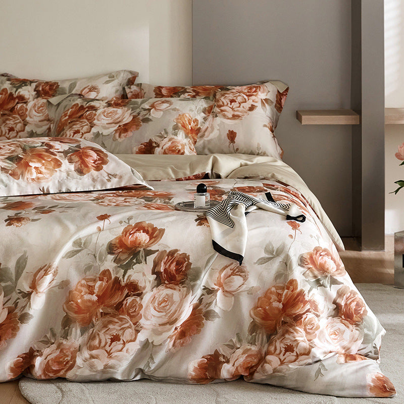 Flower Tencel Bedding Set - Four-Piece Includes Quilt Cover & Sheets