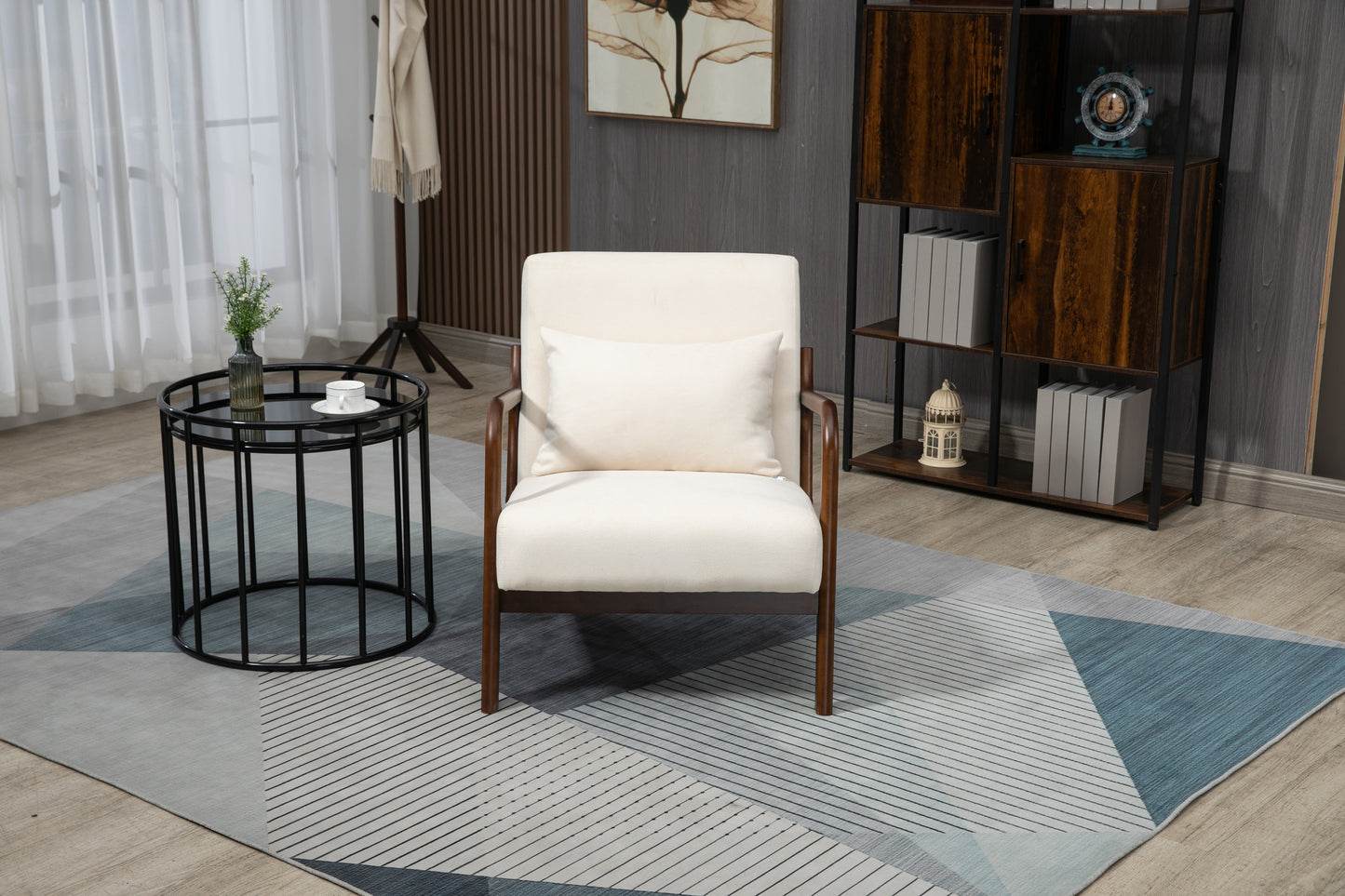 Mid Century Modern Accent Chair - Antique White Upholstered Armchair