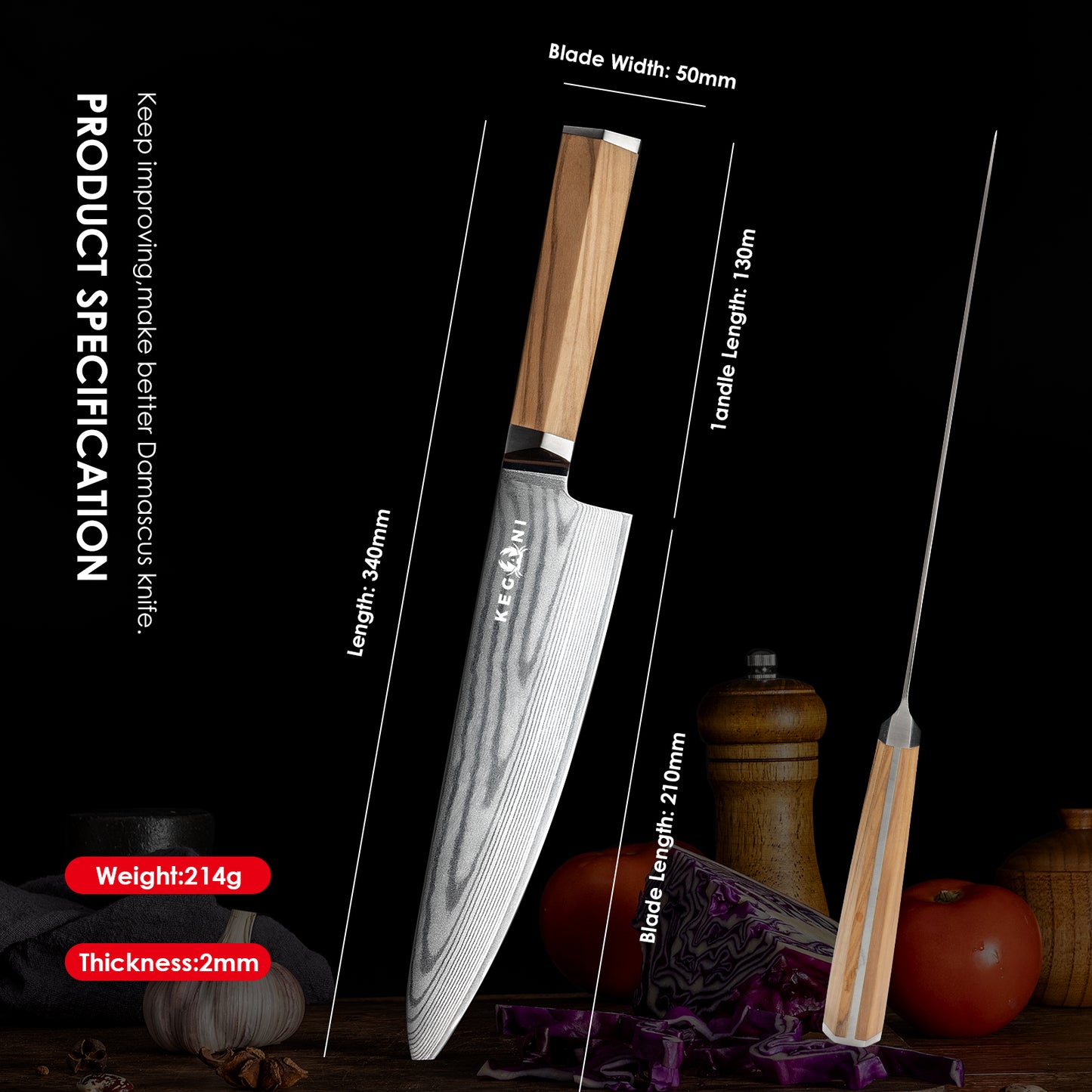 Japanese Kiritsuke Chef Knife - VG-10 Damascus Steel, Olive Wood Handle