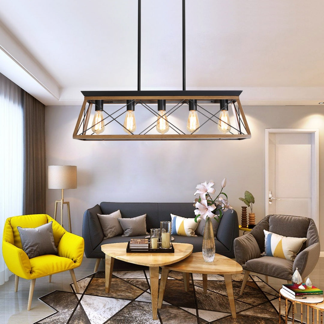 32-Inch Walnut Industrial 5-Light Pendant Chandelier - Adjustable
