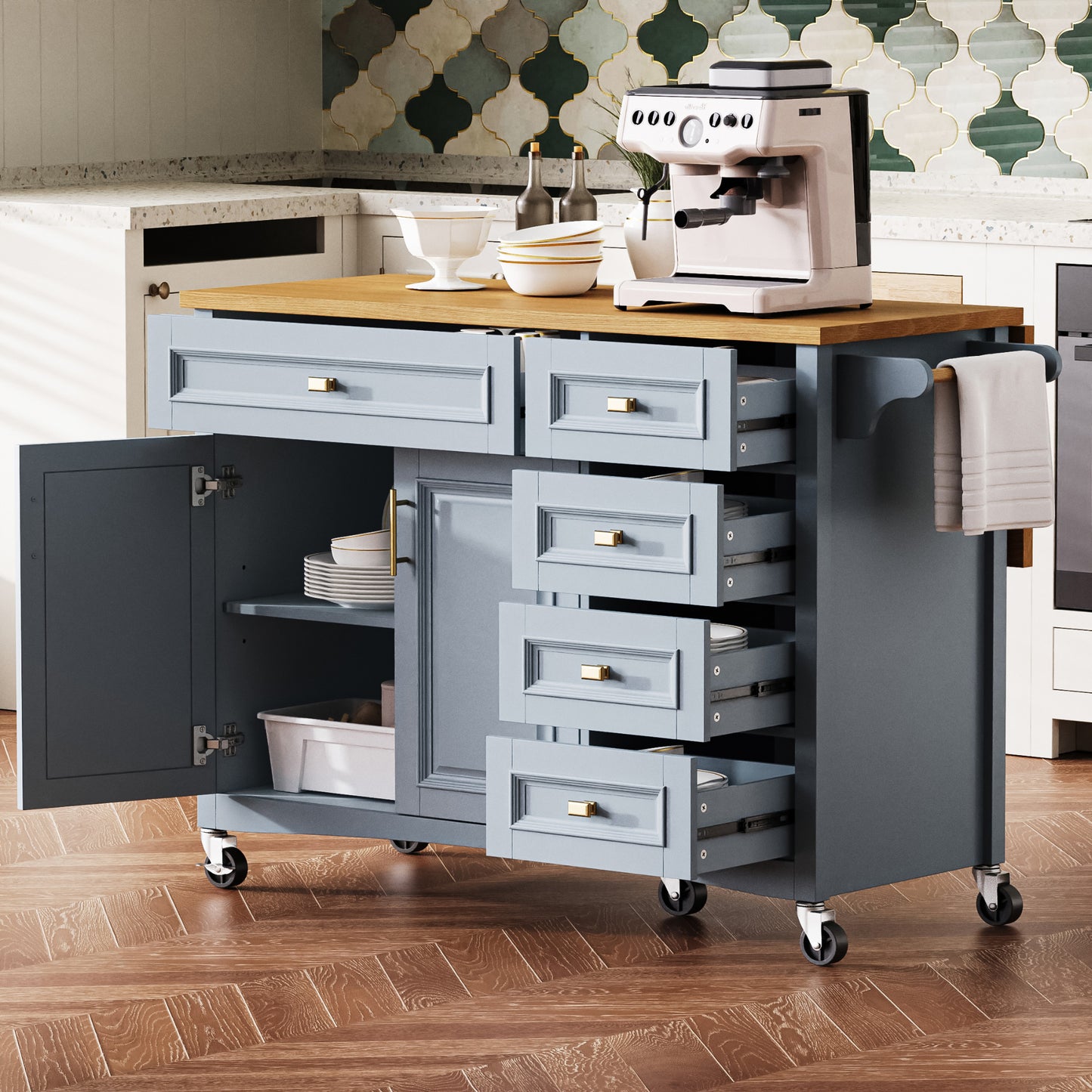 K&K 52 Kitchen Island With Drop Leaf, Embossed Texture On Wheels