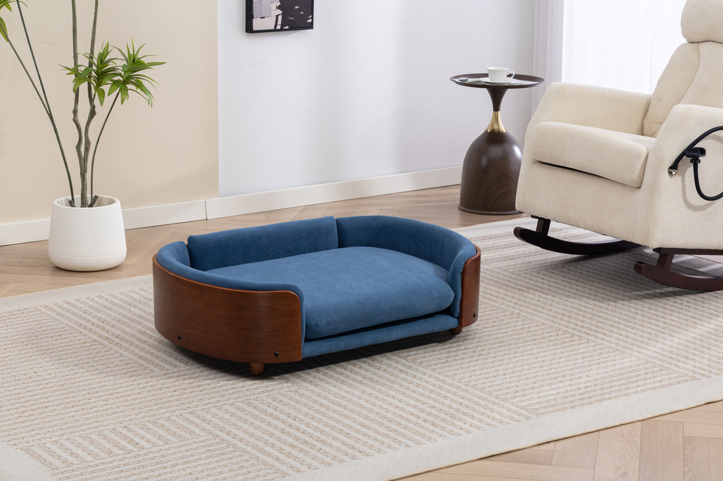 Large Scandinavian Style Elevated Dog Bed with Velvet Cushion and Solid Wood Legs