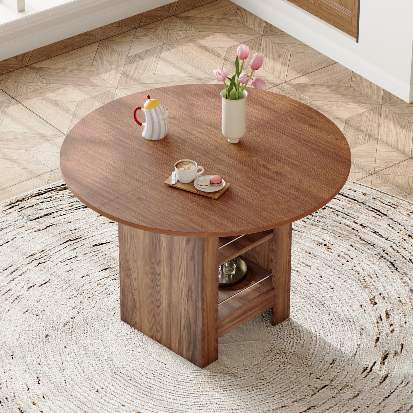 42 Inch Round MDF Walnut Dining Table- 30 Inches High, With