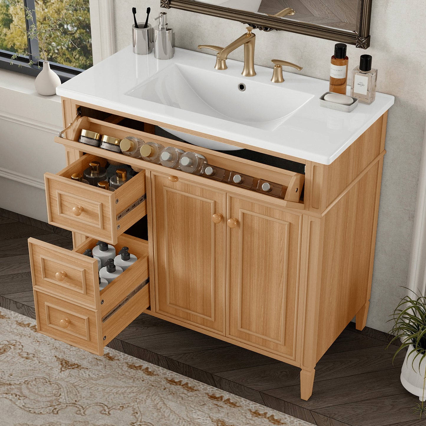 36" Bathroom Vanity with Sink - Wood Cabinet, 3 Drawers, Soft-Close Doors